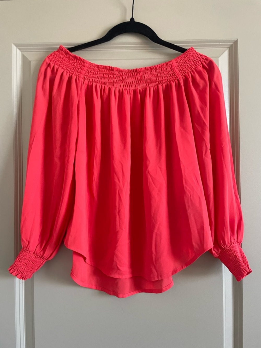 Express Off-Shoulder Flowy Tunic in Coral Red
